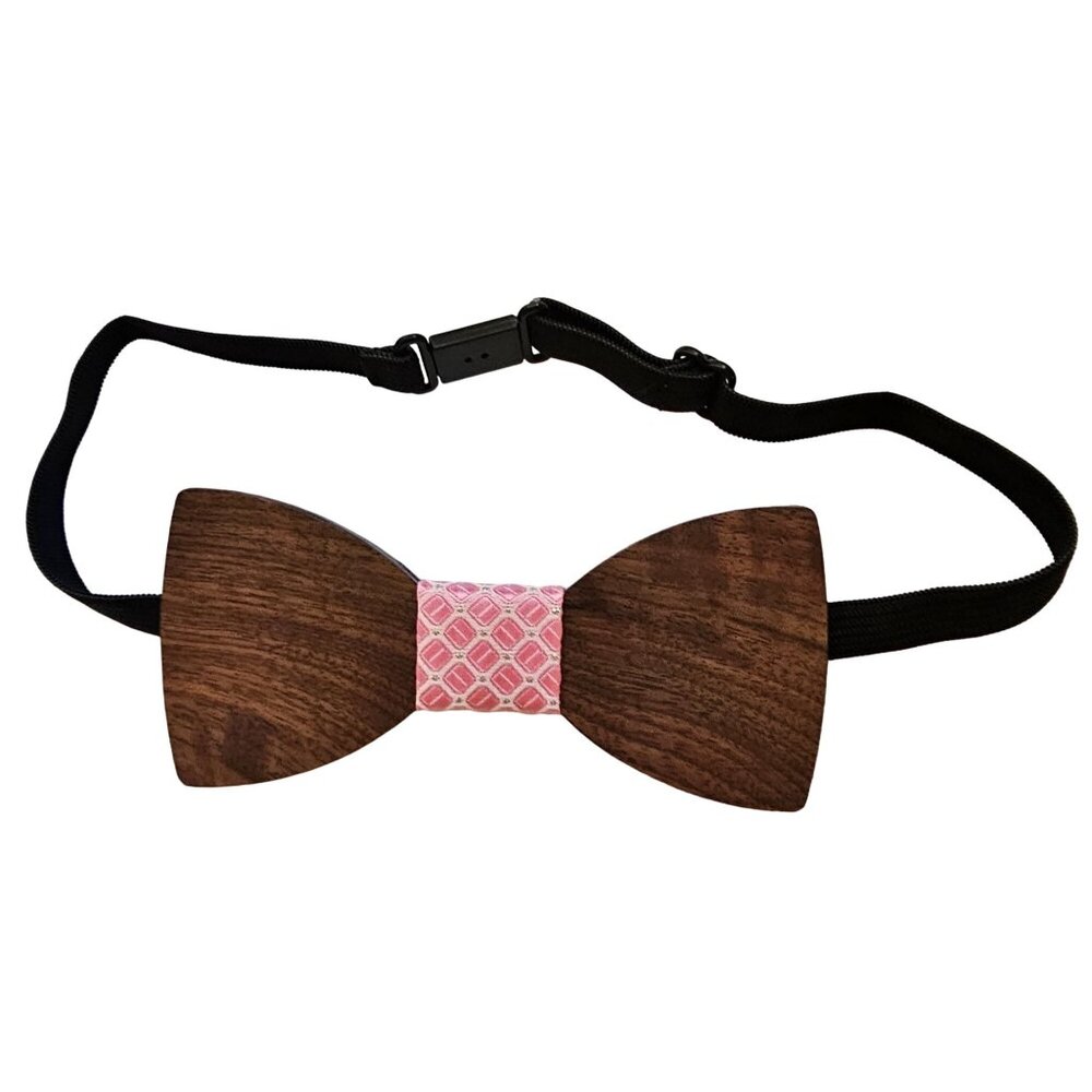 Handcrafted Wooden Bow Tie With Adjustable Strap - Pink Geometric Centerpiece